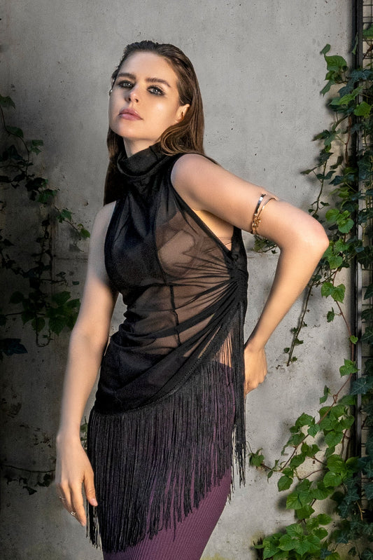 Sleeveless Turtleneck Top With Fringe Shirts & Tops LLESSUR NYC