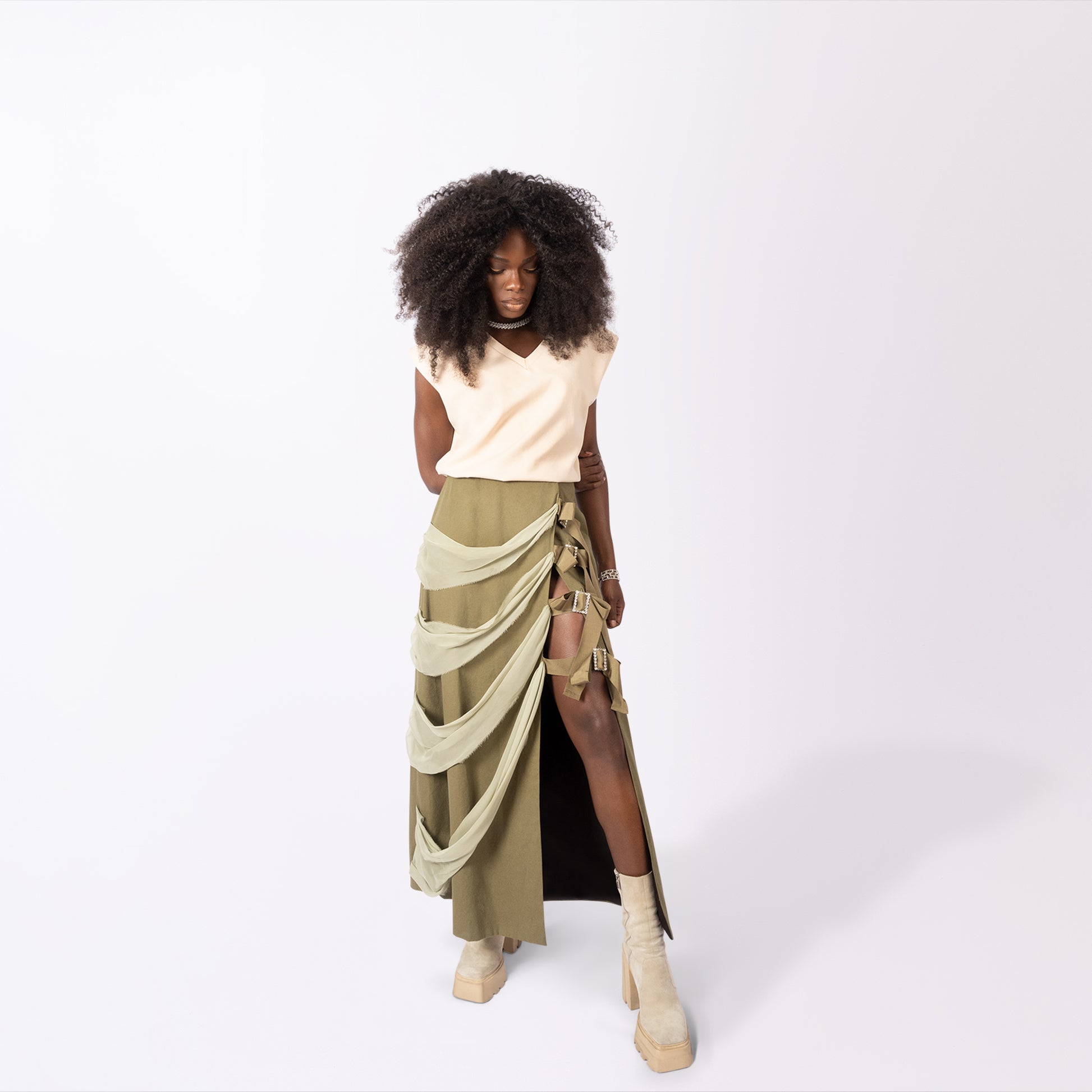 Wrap Cargo Skirt with Buckled Seam Split Skirt LLESSUR NYC