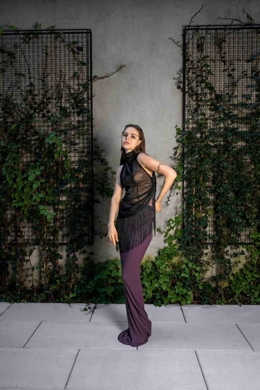 Sleeveless Turtleneck Top With Fringe Shirts & Tops LLESSUR NYC